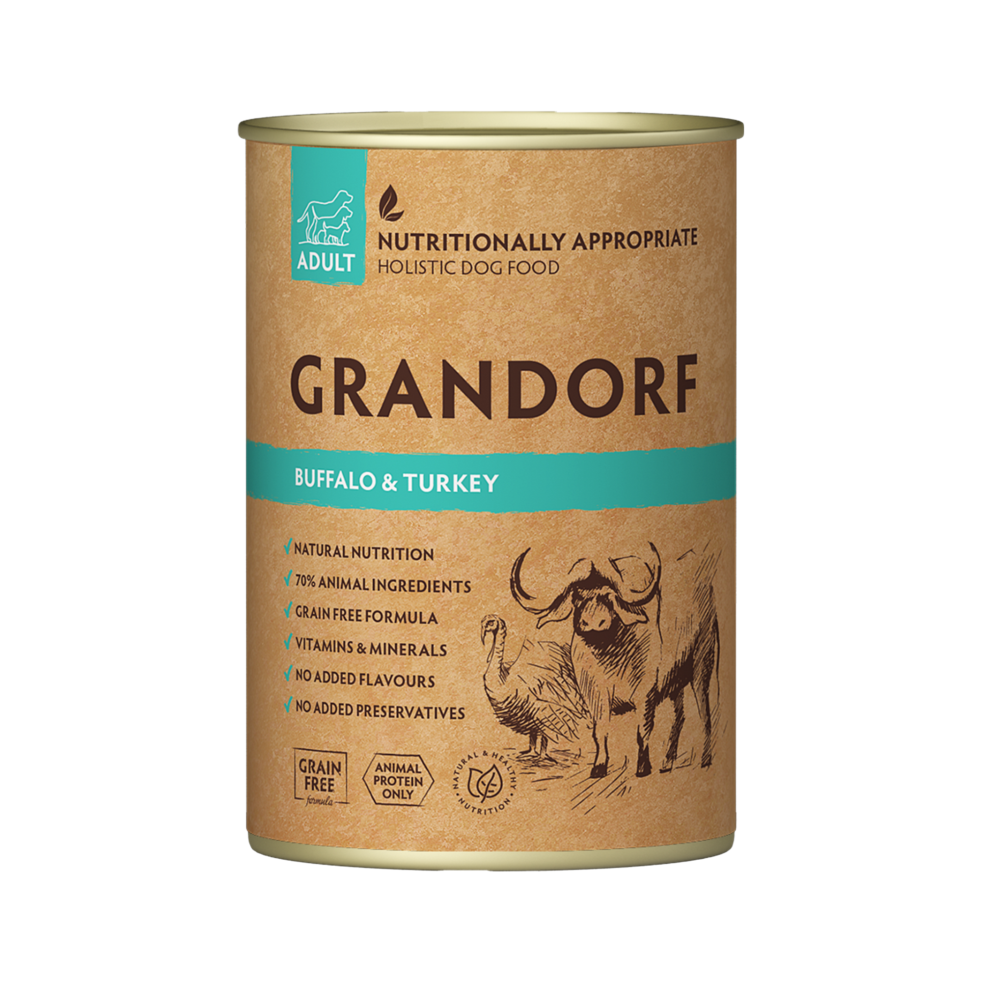 Grandorf Buffalo & Turkey  -  Adult Dog 400g - طعام معلب الكلاب