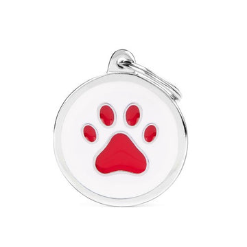 Charms White Big Circle Red Paw ID Tag - MyFamily S - ميدالية التعريف